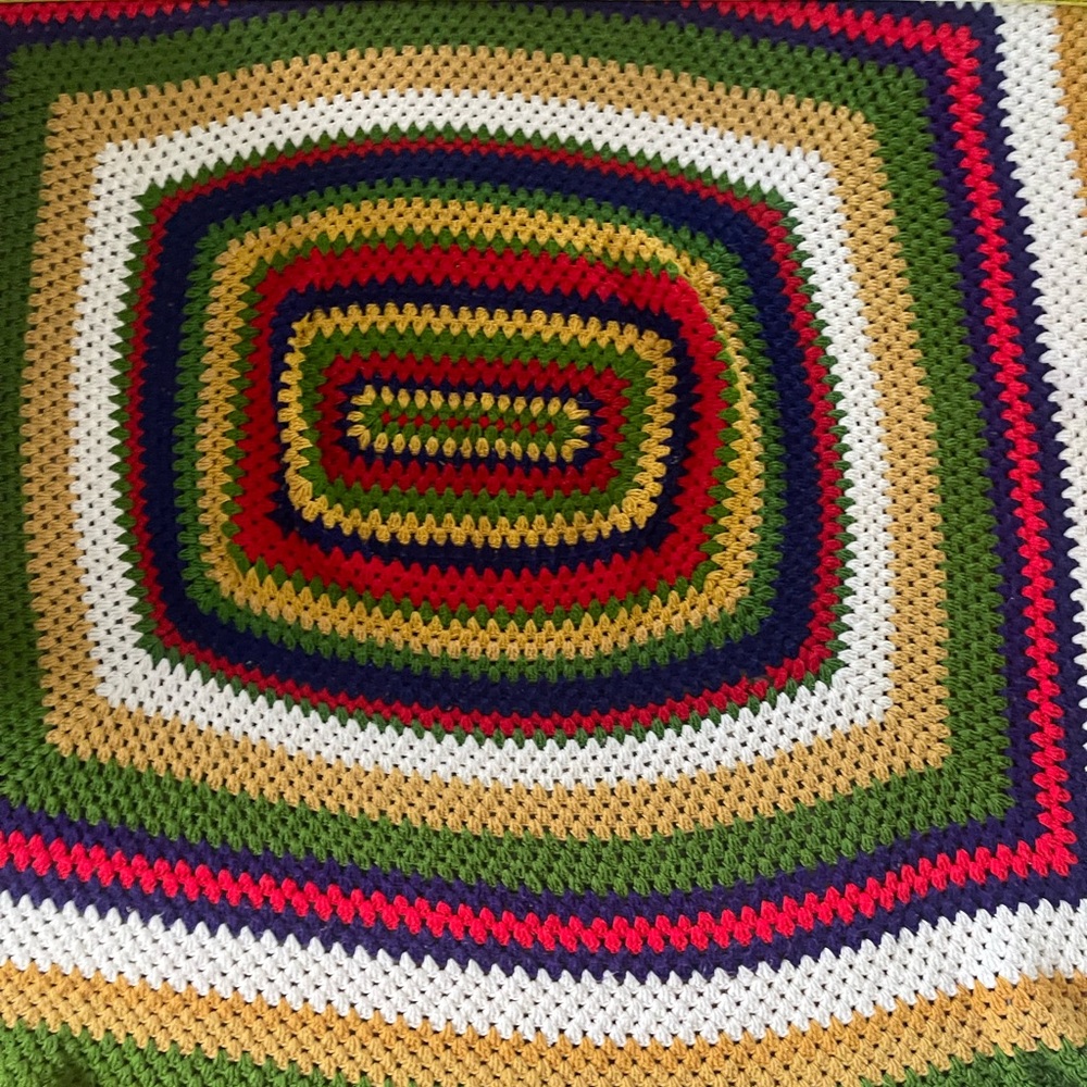 Vintage Handmade Crocheted Multicolor Throw Green Gold Red Navy Granny Core